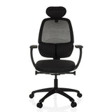 Siège de bureau de qualité professionnelle RI-COVER noir, dossier maille, appui-tête et base 5 roulettes de hjh OFFICE – vue à 360° (vue de face 0°)