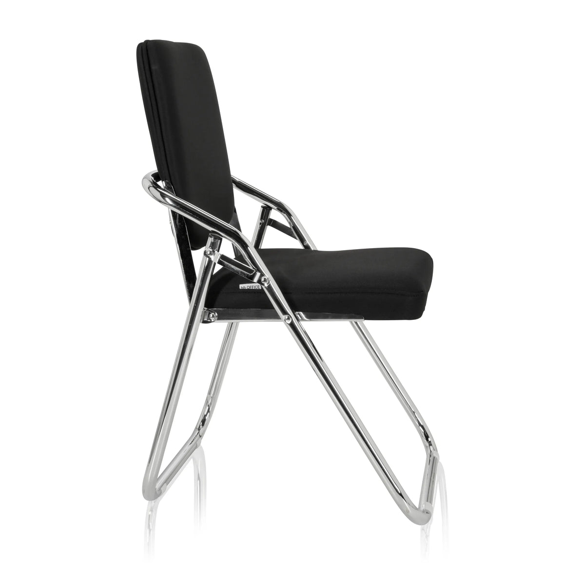 Chaise pliante ESTO noire avec revêtement en tissu et cadre chromé de hjh OFFICE – vue à 360° (vue de profil 80°)