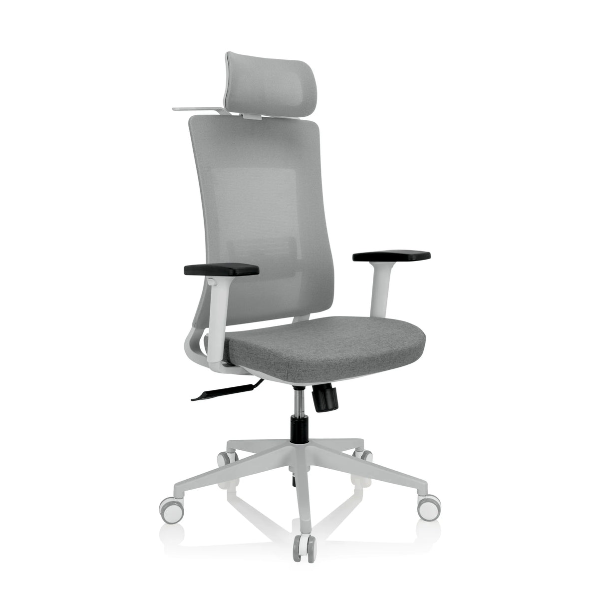 Siège de bureau de qualité professionnelle COMFIO WMH gris, dossier maille, appuie-tête et base à roulettes de hjh OFFICE – vue à 360° (vue de trois quarts avant 40°)