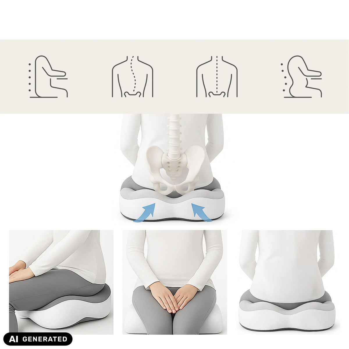Coussin de siège MEDISIT IV gris sous différents angles avec une vue arrière schématique de hjh OFFICE (image générée par IA)