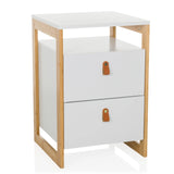Table d'appoint blanche TAROLO III avec deux tiroirs et poignées en cuir marron de hjh LIVING – vue à 360° (vue de face 15°)