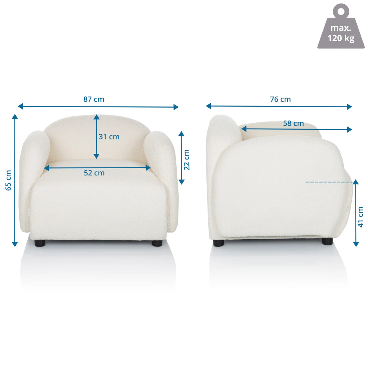 Maßzeichnung des Loungesessels VERDUNA mit einer Breite von 87 cm und einer Höhe von 65 cm von hjh LIVING