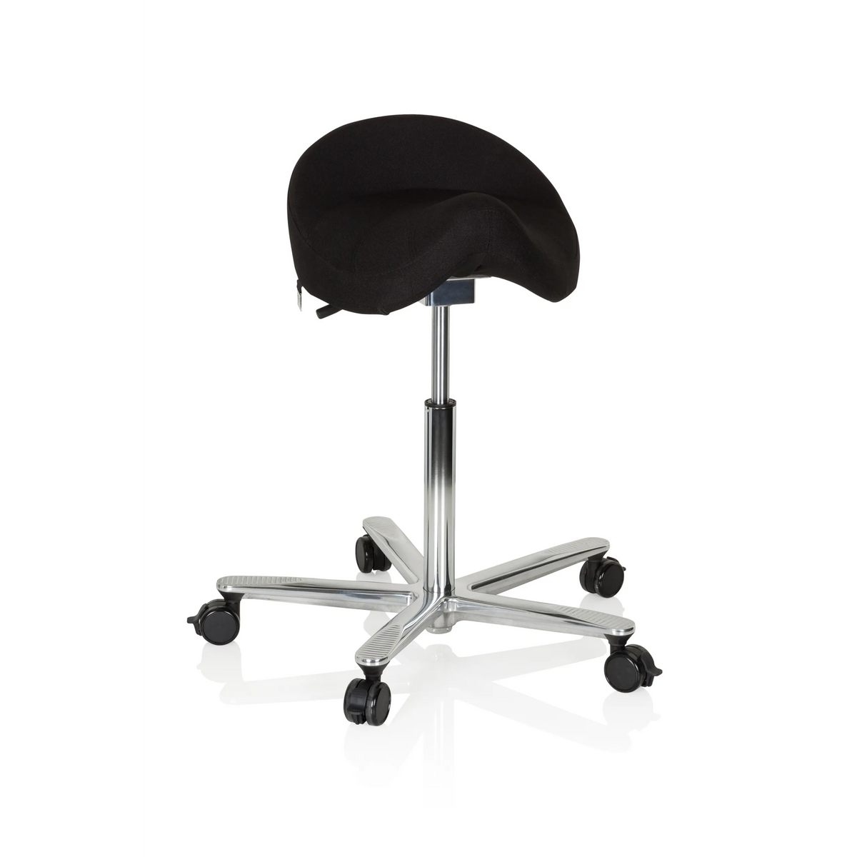 Tabouret de selle MOVE-TEC 3D PRO I noir avec un piétement à cinq roulettes de hjh OFFICE – vue à 360° (vue de face 20°)
