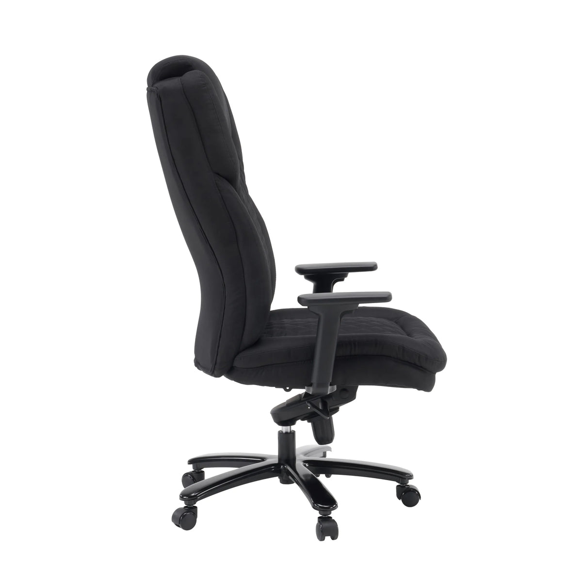 Vue latérale du siège pivotant XXL Pullmann Gen2 avec revêtement en tissu noir et accoudoirs de hjh OFFICE