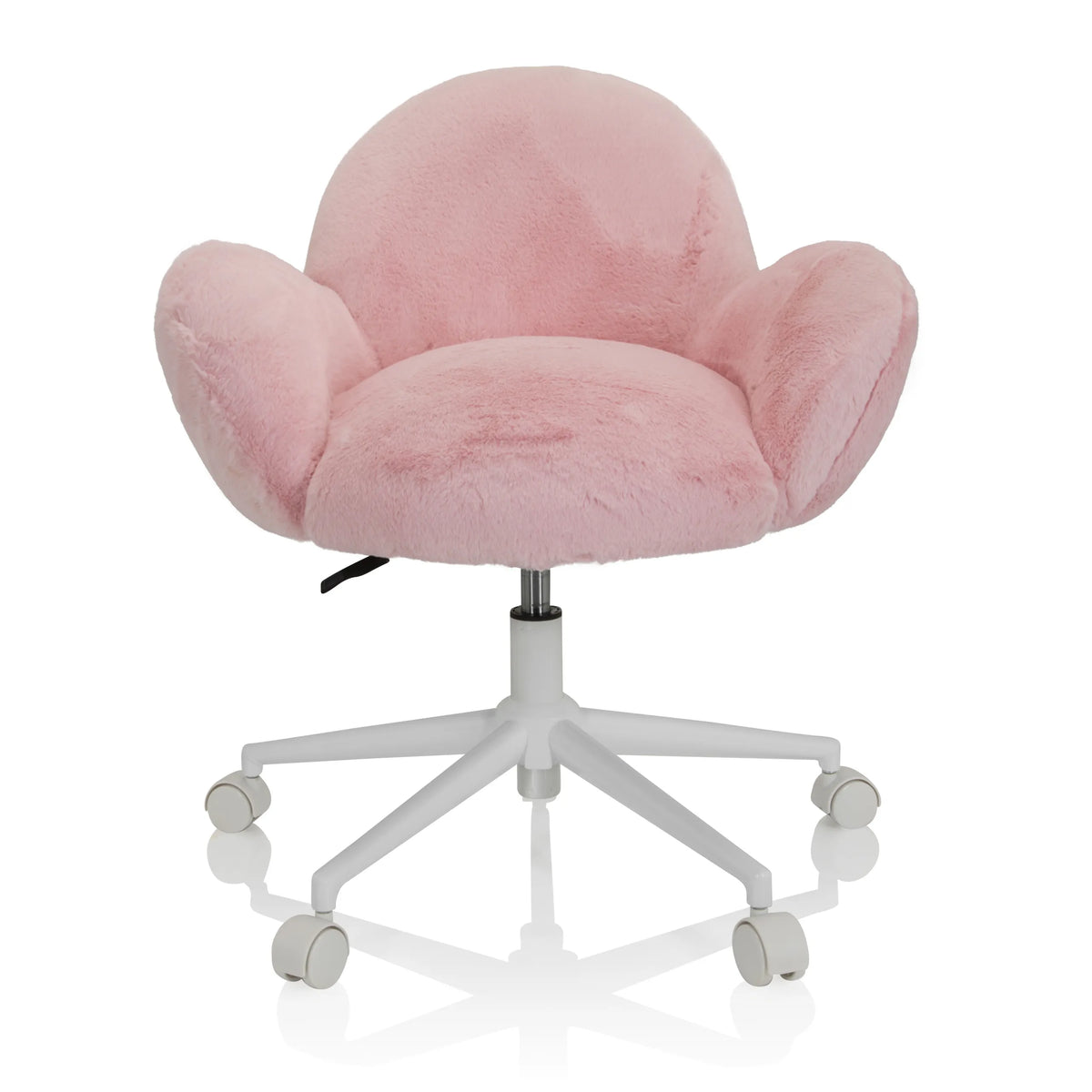 Chaise pivotante pour des enfants KID TEDDY rose avec housse fluffy et piètement blanc à cinq roulettes de hjh OFFICE – vue à 360° (vue de face 0°)