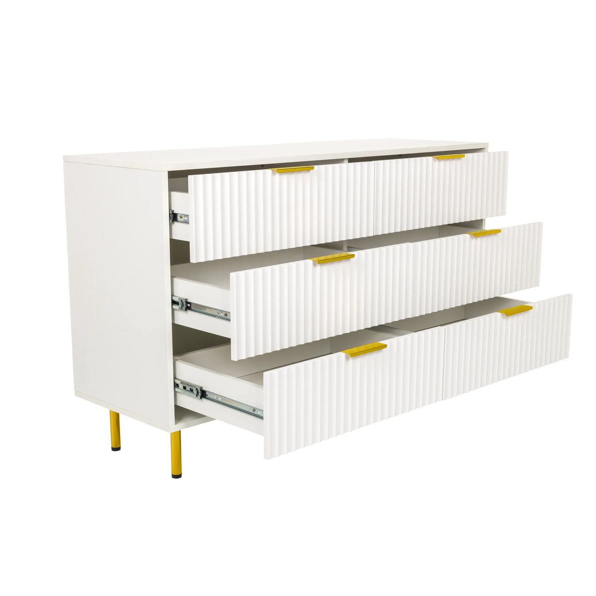 Buffet blanc HJELLE avec trois tiroirs ouverts et des pieds dorés de hjh LIVING