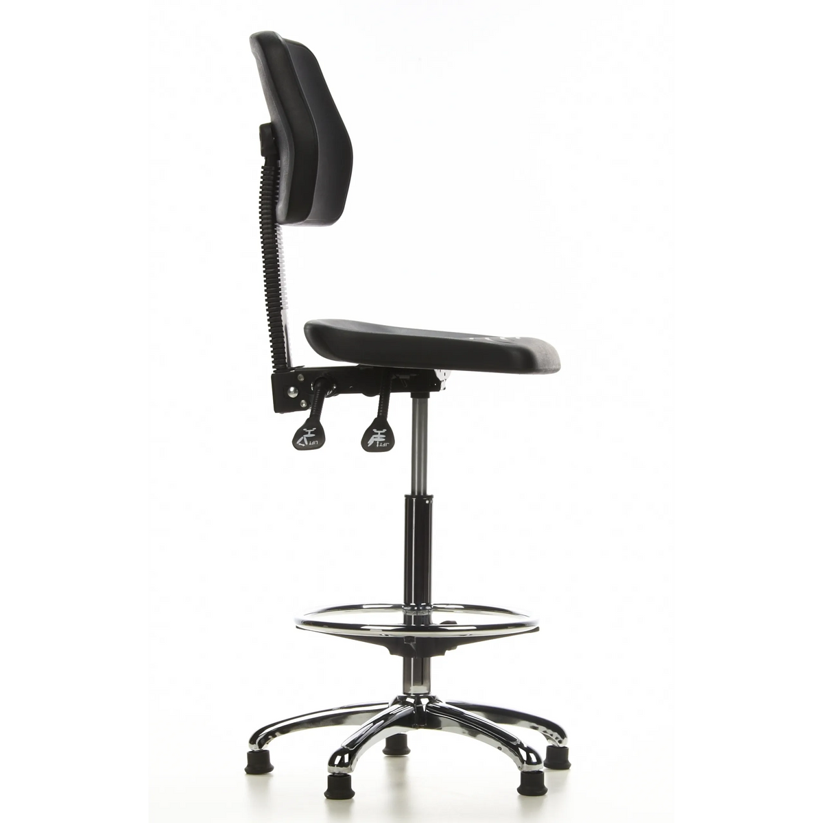 Chaise de comptoir TOP WORK 11 noire avec repose-pieds et piètement à cinq branches de hjh OFFICE – vue à 360° (vue de profil 80°)
