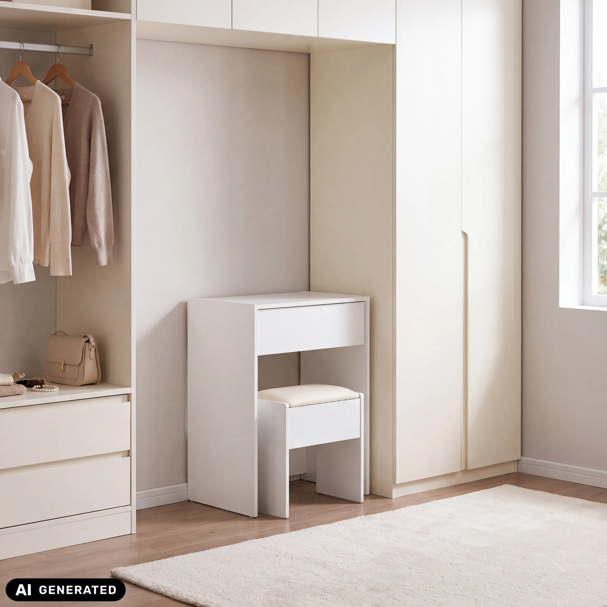 Coiffeuse Glamdesk blanche avec tabouret dans une niche d'armoire de hjh LIVING (image générée par IA)