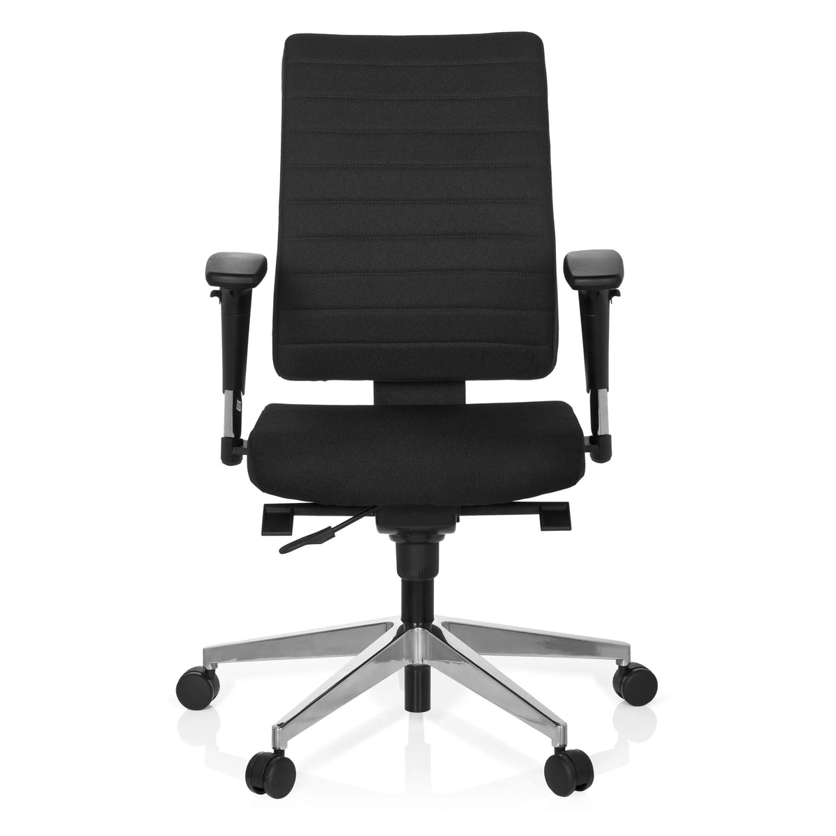 Siège de bureau de qualité professionnelle PRO-TEC 350 noir avec accoudoirs et base argentée à 5 roulettes de hjh OFFICE – vue à 360° (vue de face 0°)