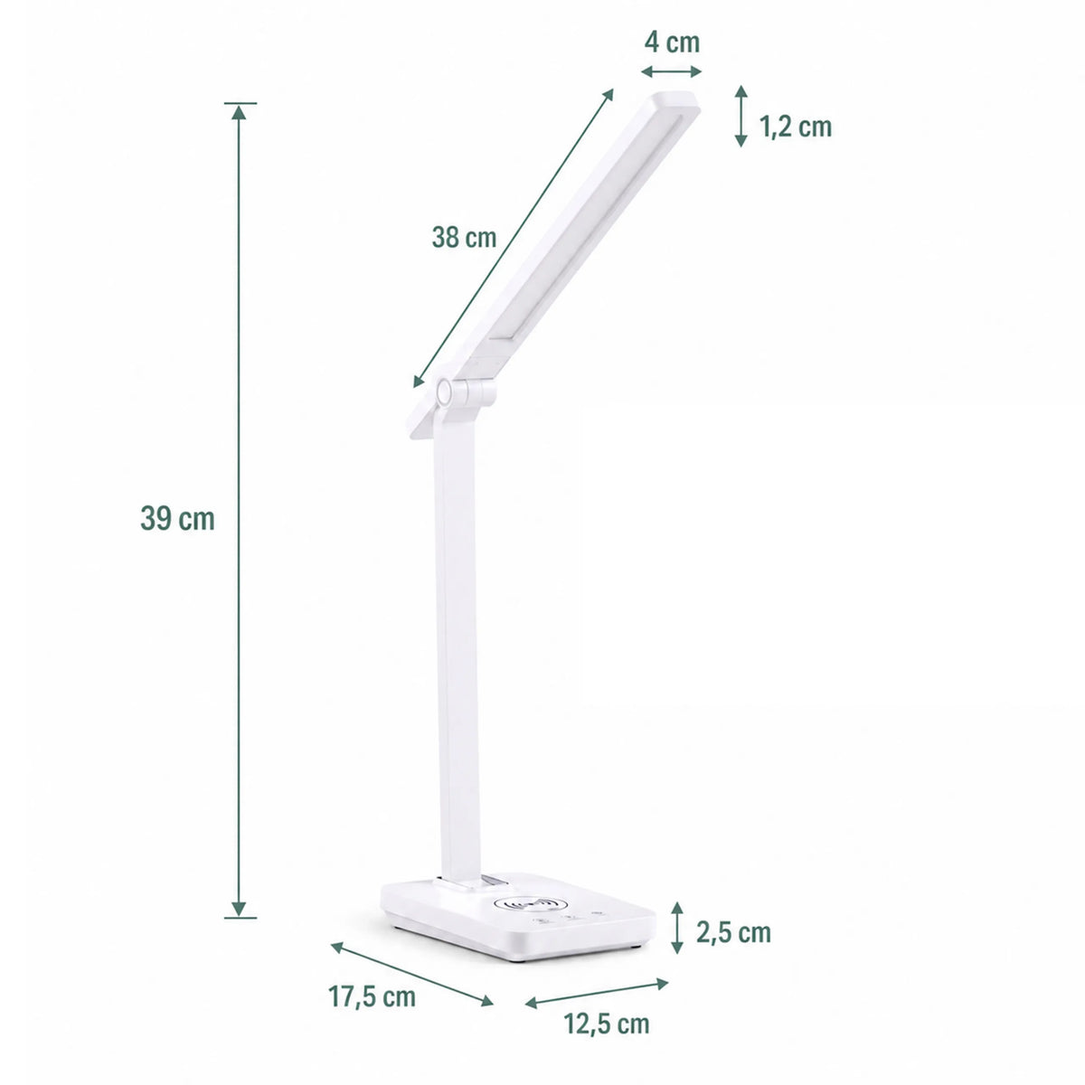 Dessin technique de la lampe de bureau Lumanova D1 d'une hauteur de 39 cm et d'une longueur de 38 cm de hjh OFFICE