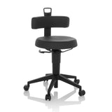 Tabouret pivotant TOP WORK FLEX PU noir en similicuir avec dossier et base à cinq roulettes de hjh OFFICE – vue à 360° (vue de face 15°)