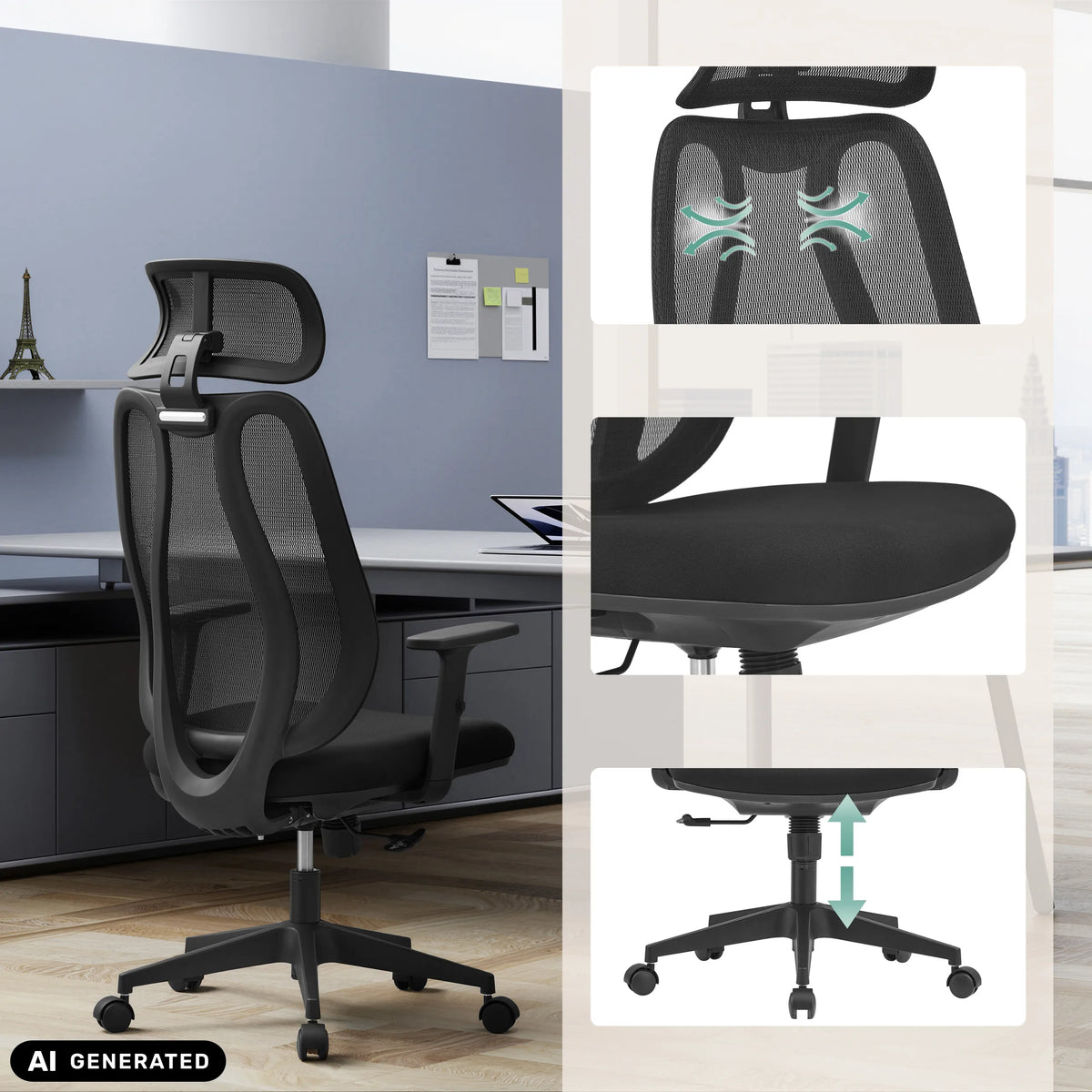 Siège de bureau de qualité professionnelle Filaro noir avec dossier en maille, assise et réglage de la hauteur de hjh OFFICE (image générée par IA)