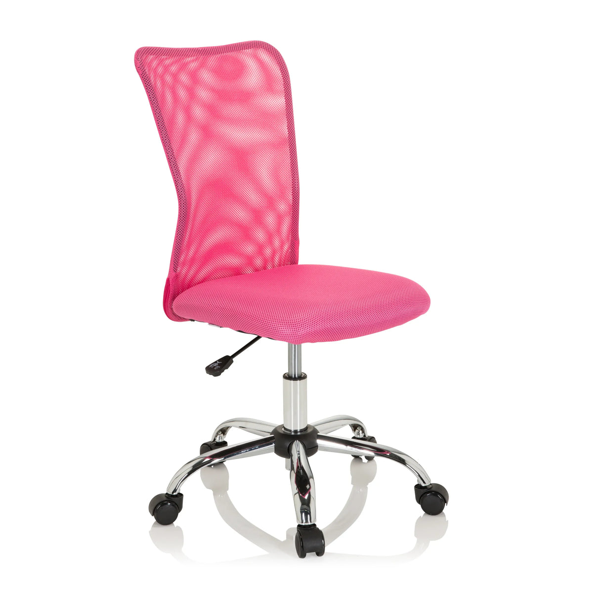 Chaise pivotante pour des enfants KIDDY NET I rose avec dossier en maille et base à cinq roulettes de hjh OFFICE – vue à 360° (vue de trois quarts avant 40°)