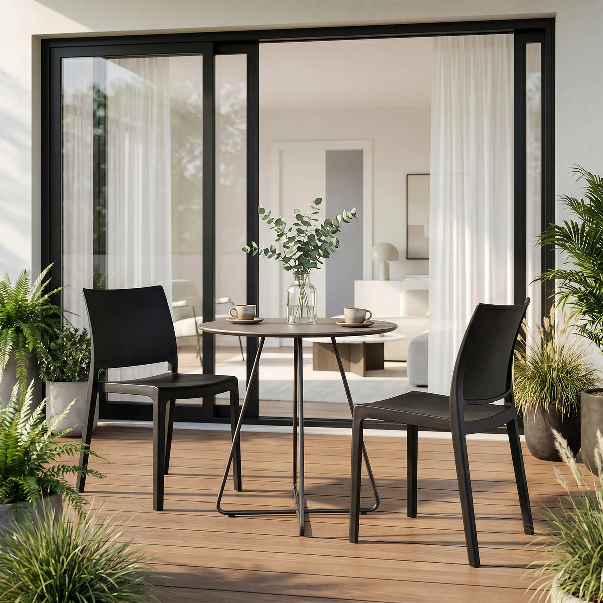 Chaises d'extérieur T37 V 4 en noir autour d'une table de jardin ronde sur une terrasse de hjh LIVING