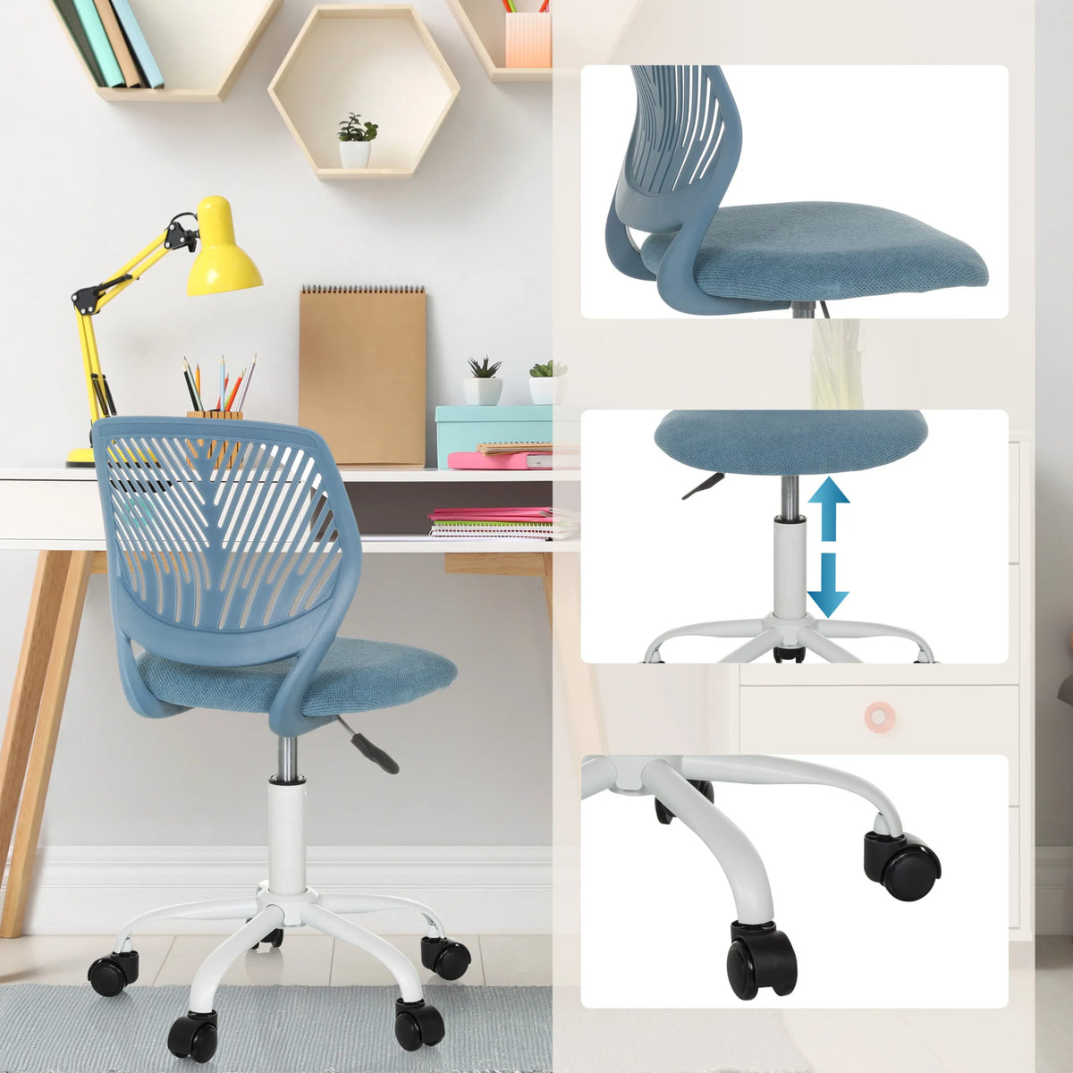 Chaise pivotante pour enfants KID QW bleue avec vérin à gaz pour le réglage de la hauteur et roulettes sur le pied de hjh OFFICE