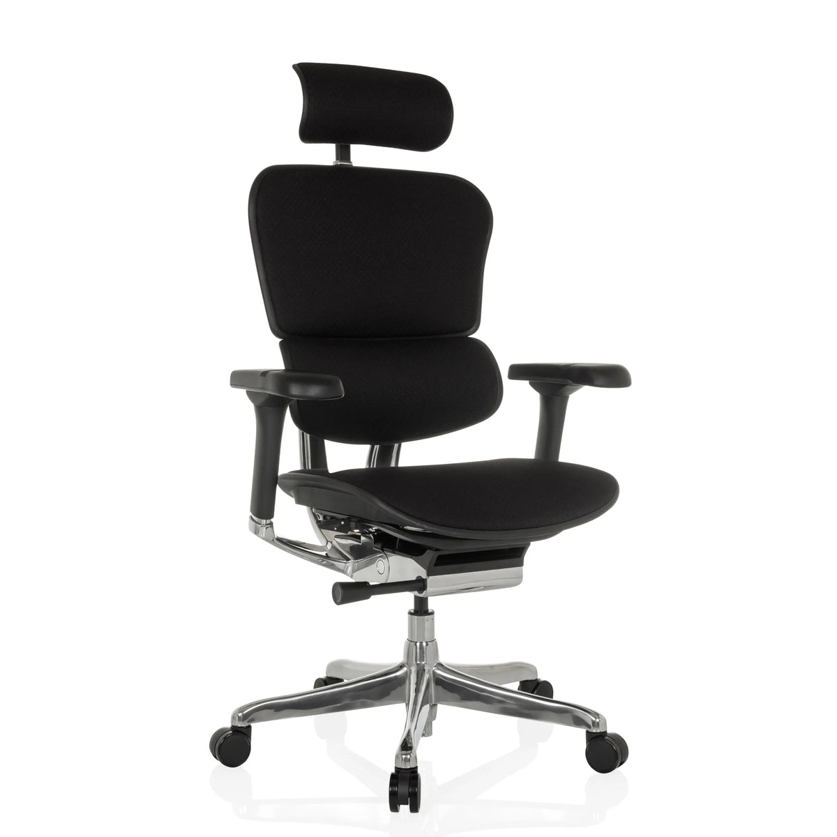 Siège de direction de luxe ERGOHUMAN GEN2 noir avec appui-tête, accoudoirs et pied à cinq roulettes de hjh OFFICE – vue à 360° (vue de trois quarts avant 30°)