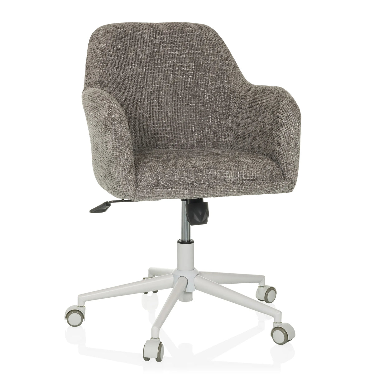 Siège de bureau à domicile SOLAO HOME gris avec revêtement en tissu et piètement blanc à cinq roulettes de hjh LIVING – vue à 360° (vue de face 15°)