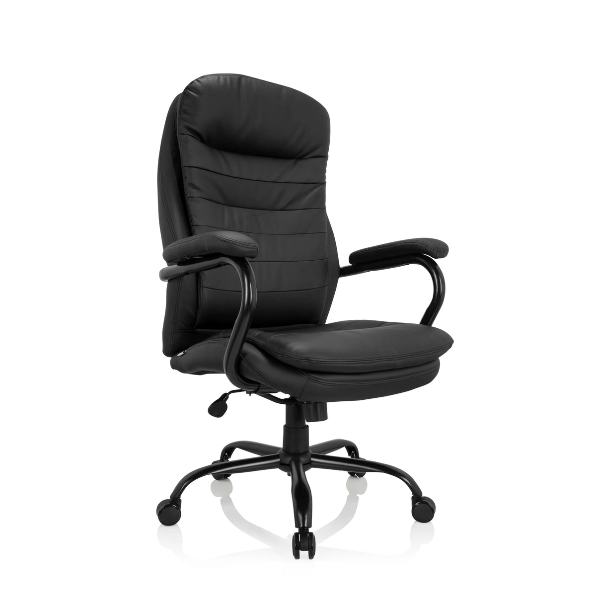 Siège pivotant RELAX XXL B noir en similicuir avec pied en étoile et cinq roulettes de hjh OFFICE – vue à 360° (vue de trois quarts avant 40°)