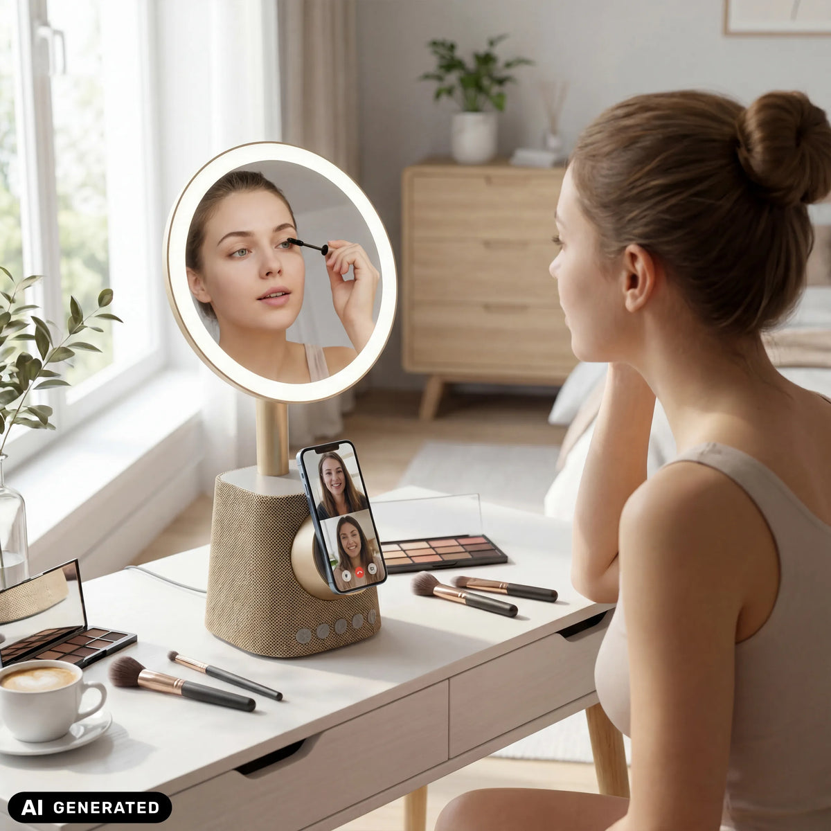 Miroir de maquillage doré Glamlody avec éclairage intégré et support pour smartphone de hjh OFFICE (image générée par IA)