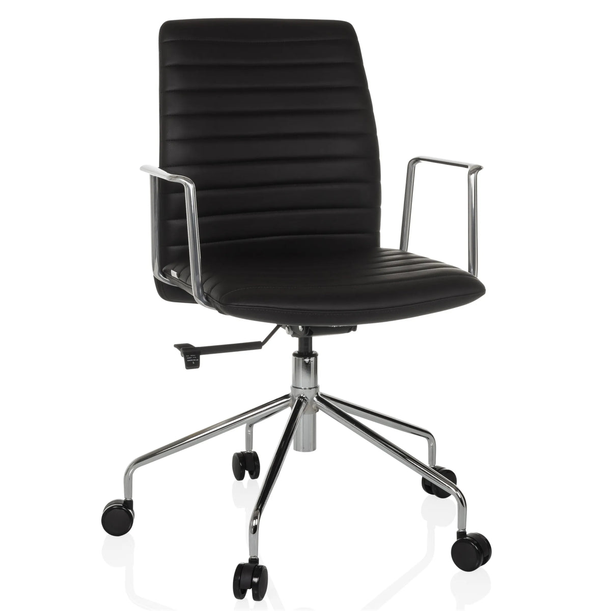 Siège de direction de luxe VEMONA 30 noir avec surpiqûres croisées, accoudoirs et base à cinq roulettes de hjh OFFICE – vue à 360° (vue de face 15°)