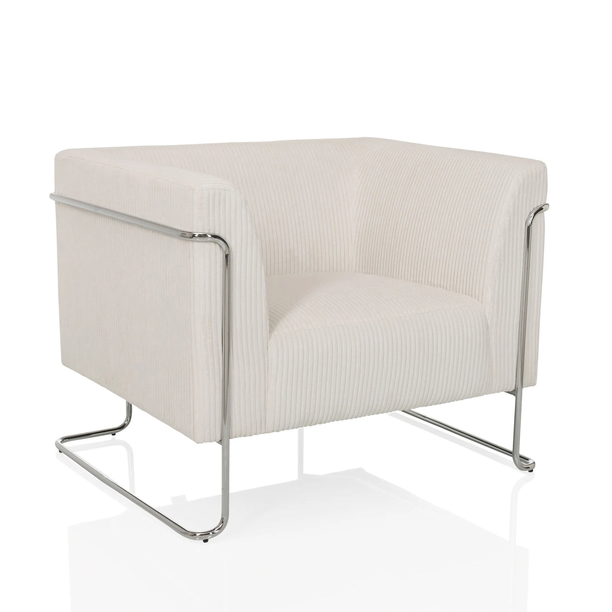 Fauteuil de salon Curacao Cord blanc avec revêtement côtelé et structure chromée de hjh LIVING – vue à 360° (vue de trois quarts avant 30°)