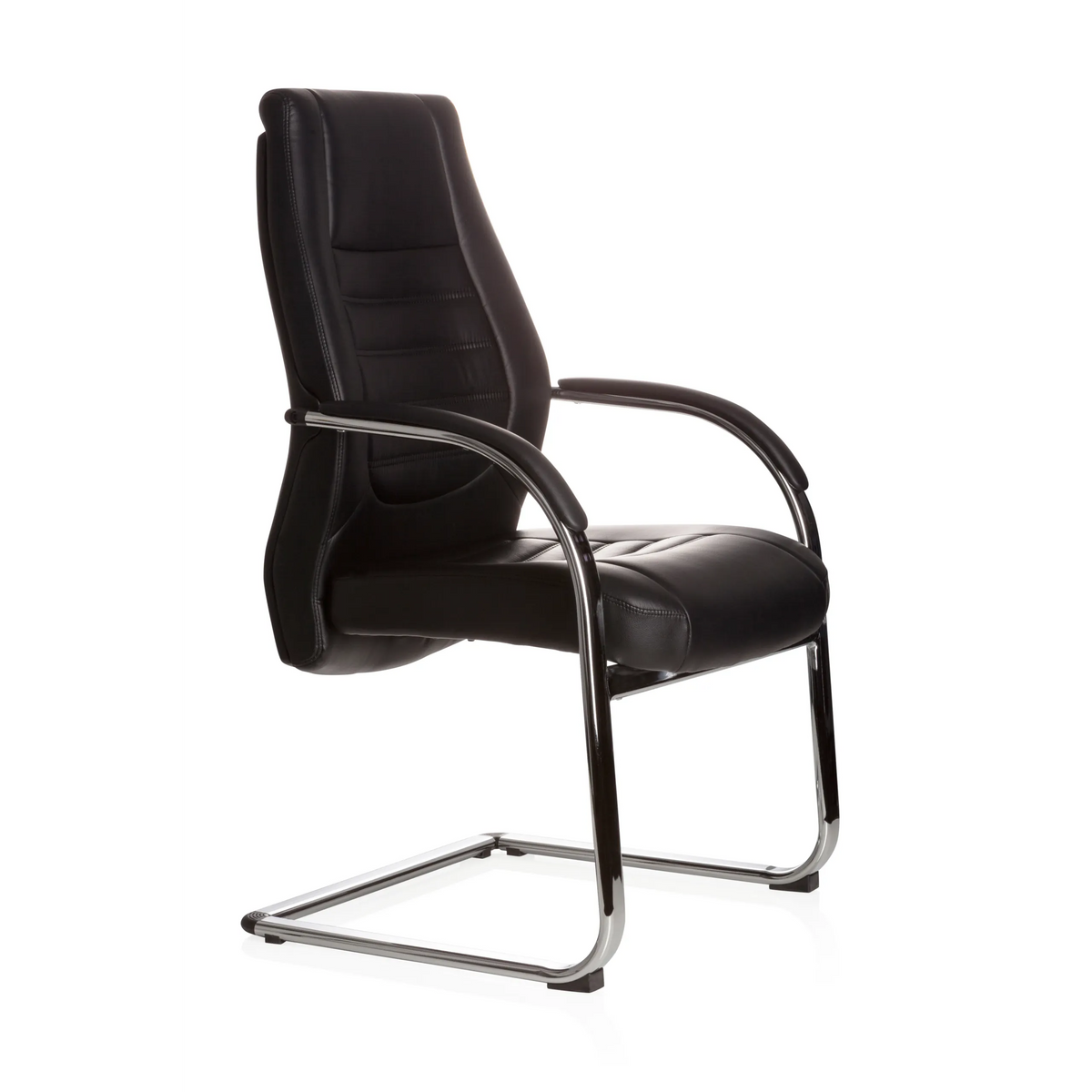 Chaises cantilever VITORO V noires avec accoudoirs et dossier capitonné de hjh OFFICE – vue à 360° (vue de trois quarts avant 60°)