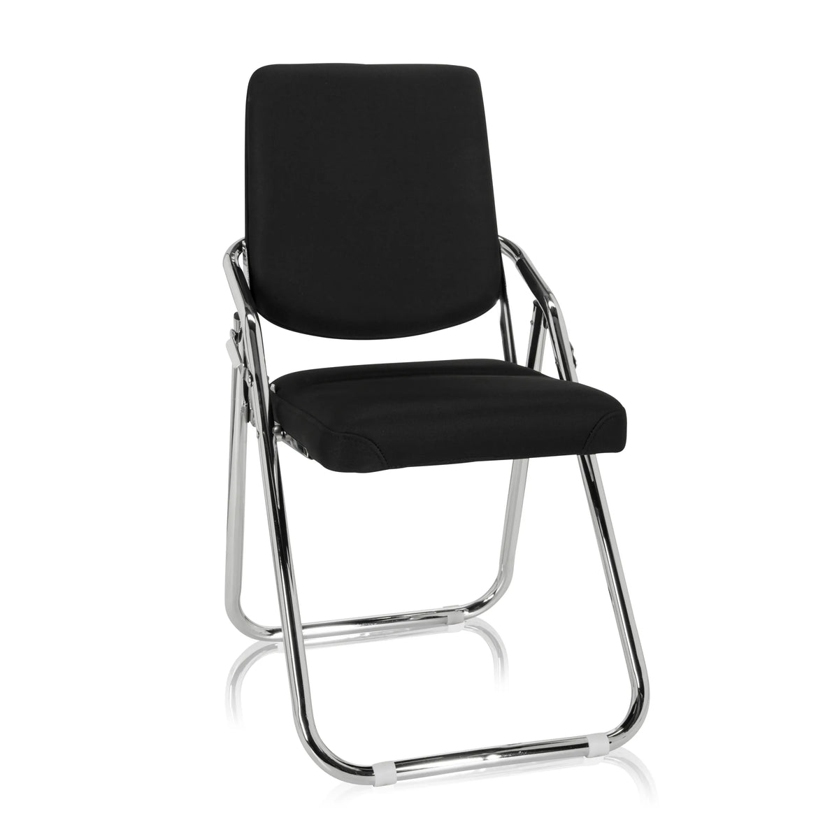 Chaise pliante ESTO noire avec revêtement en tissu et cadre chromé de hjh OFFICE – vue à 360° (vue de face 20°)