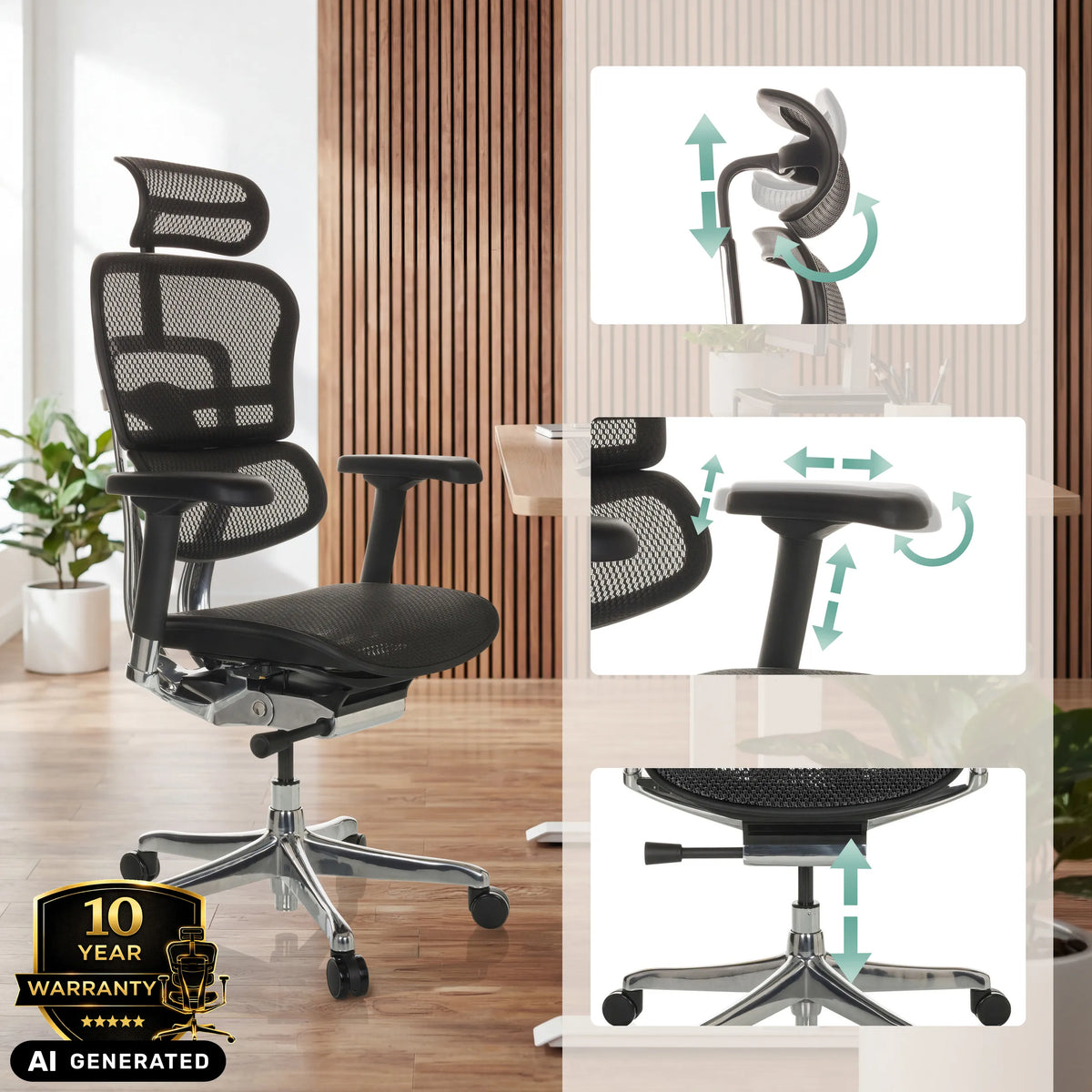 Options de réglage du siège de direction de luxe ERGOHUMAN GEN2 en noir de hjh OFFICE (image générée par IA)