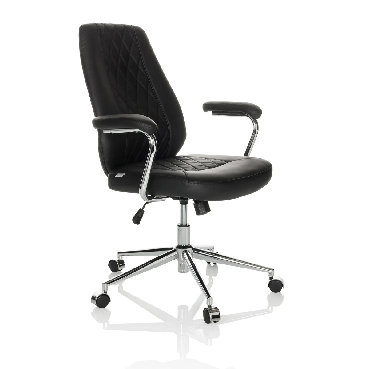 Siège de direction pour bureau à domicile THEO I noir avec dossier capitonné et base à cinq roulettes de hjh OFFICE – vue à 360° (vue de trois quarts avant 45°)