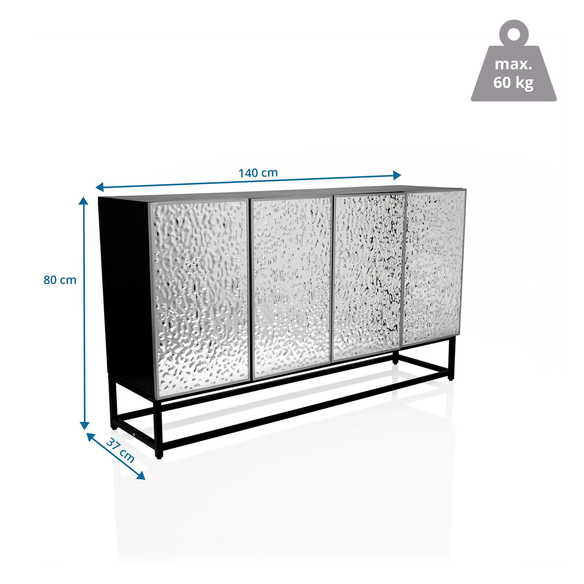 Dessin coté de la Commode METALLIO de 140 × 80 cm et d'une capacité de charge de 60 kg de hjh LIVING