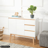 Buffet TAROLO I blanc avec trois tiroirs et deux portes sur pieds en bois de hjh LIVING (image générée par IA)