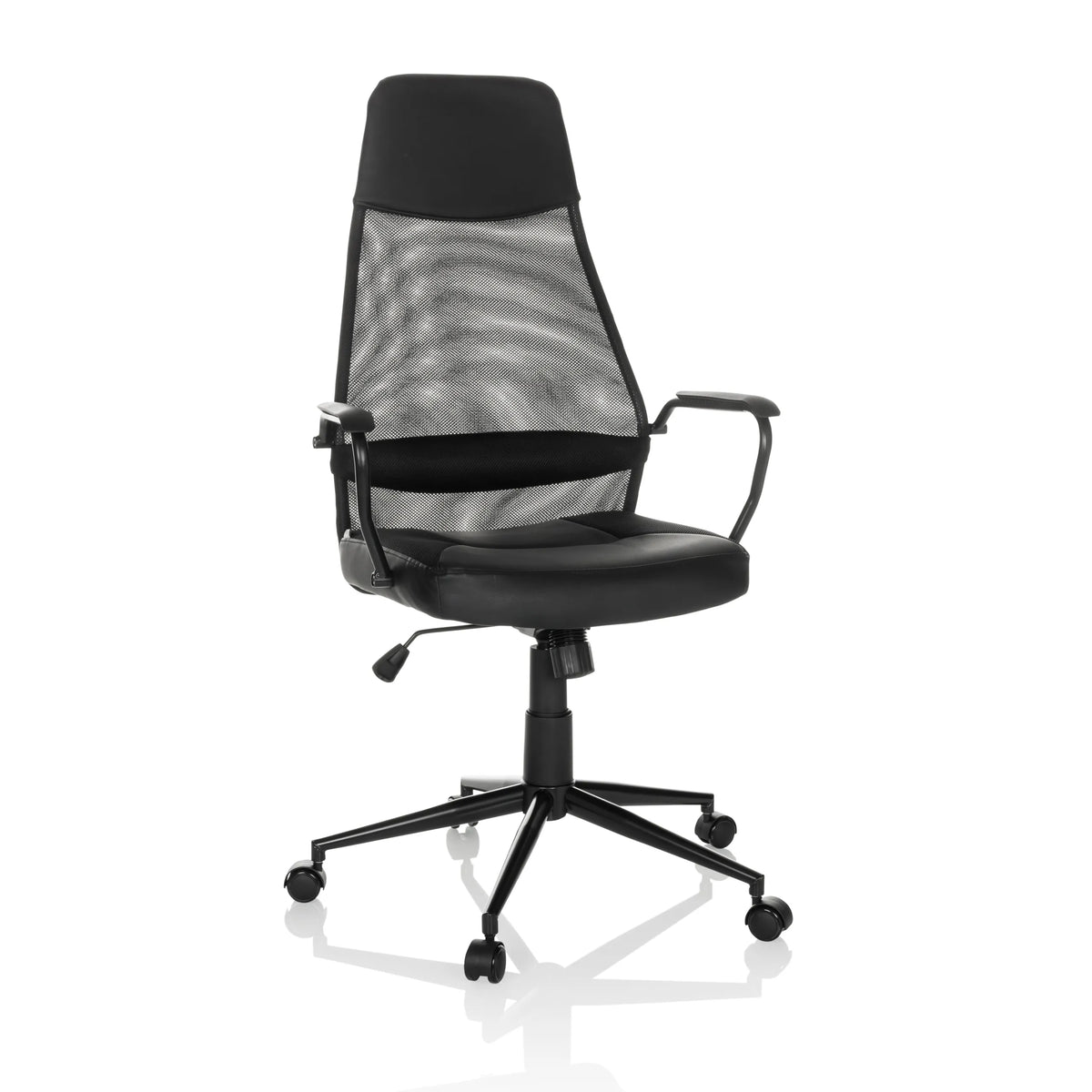 Siège de direction pour bureau à domicile MARCOZ noir avec dossier en maille et base à cinq roulettes de MyBuero – vue à 360° (vue de face 15°)