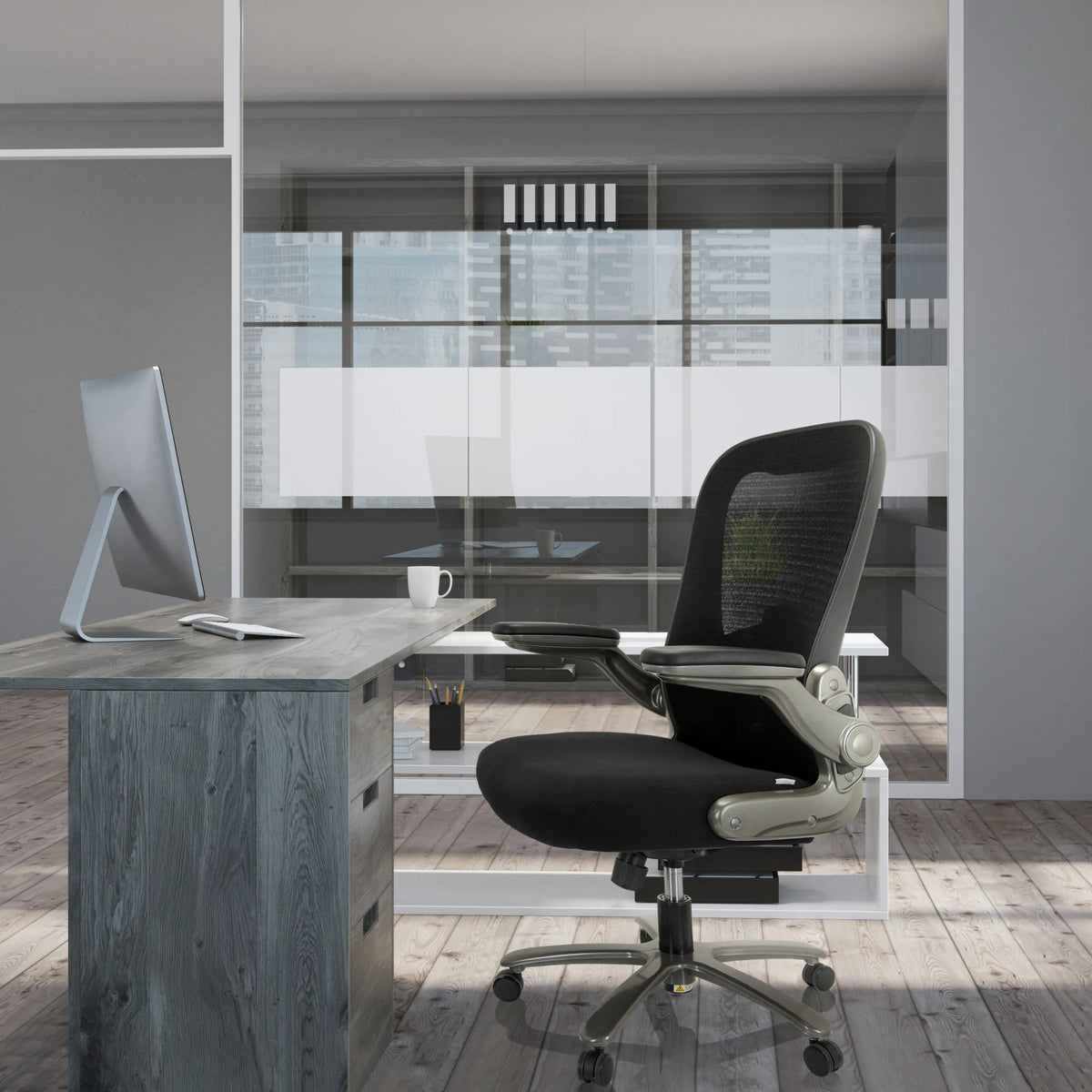 Siège pivotant XXL INSTRUCTOR T I en noir avec dossier en maille et revêtement en tissu de hjh OFFICE
