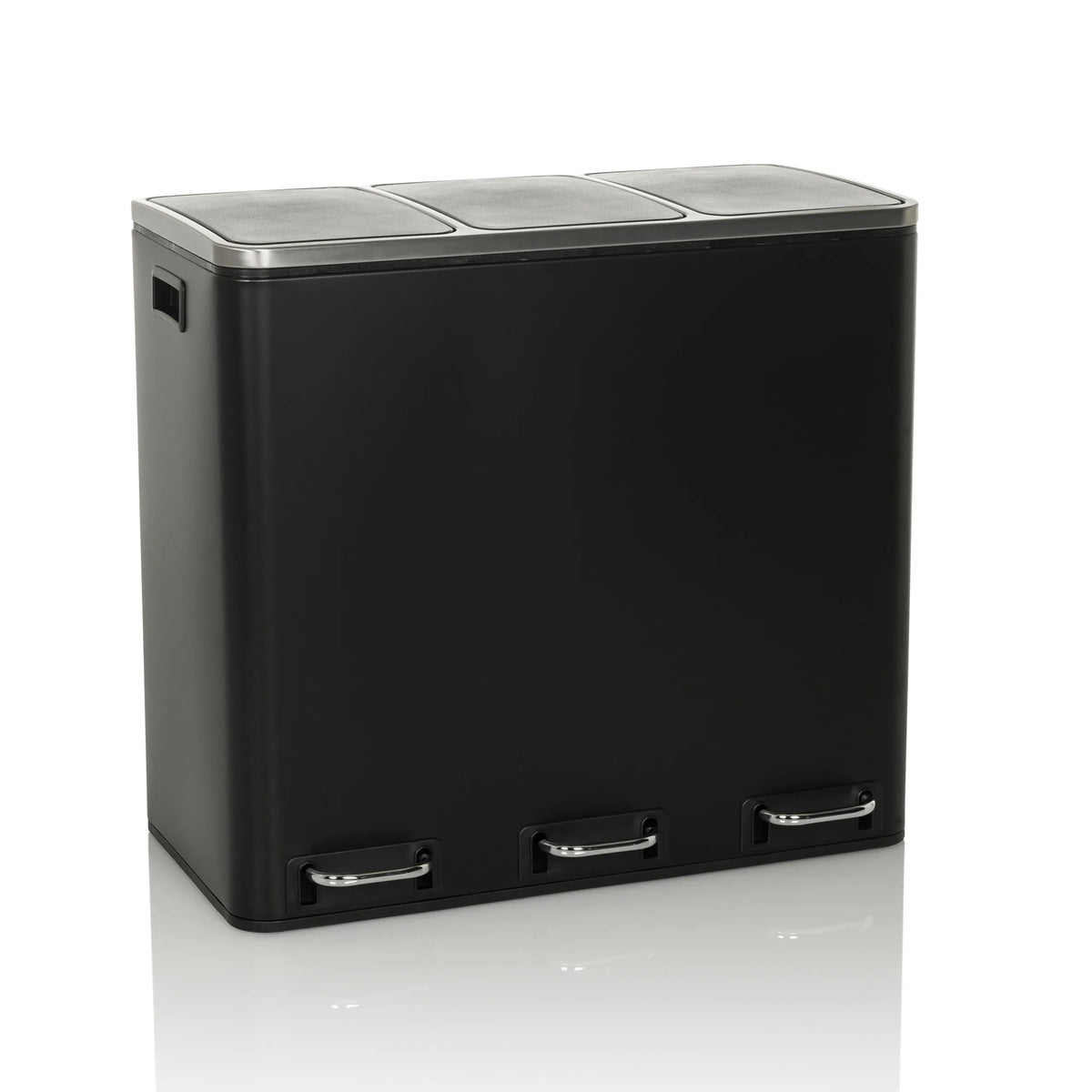Poubelle noire Clean 9 avec trois compartiments, couvercles argentés et pédales de hjh OFFICE – vue à 360° (vue de face 15°)