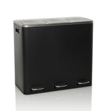 Poubelle noire Clean 9 avec trois compartiments, couvercles argentés et pédales de hjh OFFICE – vue à 360° (vue de face 15°)
