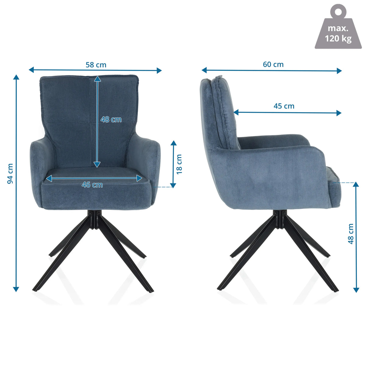 Dessin coté de la chaise rembourrée TARUGO avec une hauteur totale de 94 cm et une largeur de 58 cm de hjh LIVING