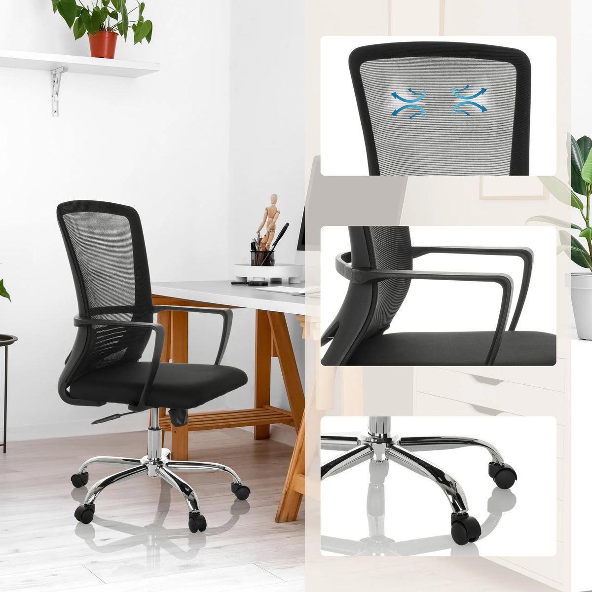 Siège de bureau à domicile STAR-TEC S en noir avec dossier en maille, accoudoirs et pied en étoile de hjh OFFICE