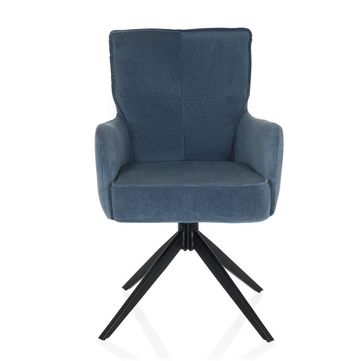 Chaise rembourrée bleue TARUGO avec revêtement en velours côtelé et piètement noir à quatre pieds de hjh LIVING – vue à 360° (vue de face 0°)
