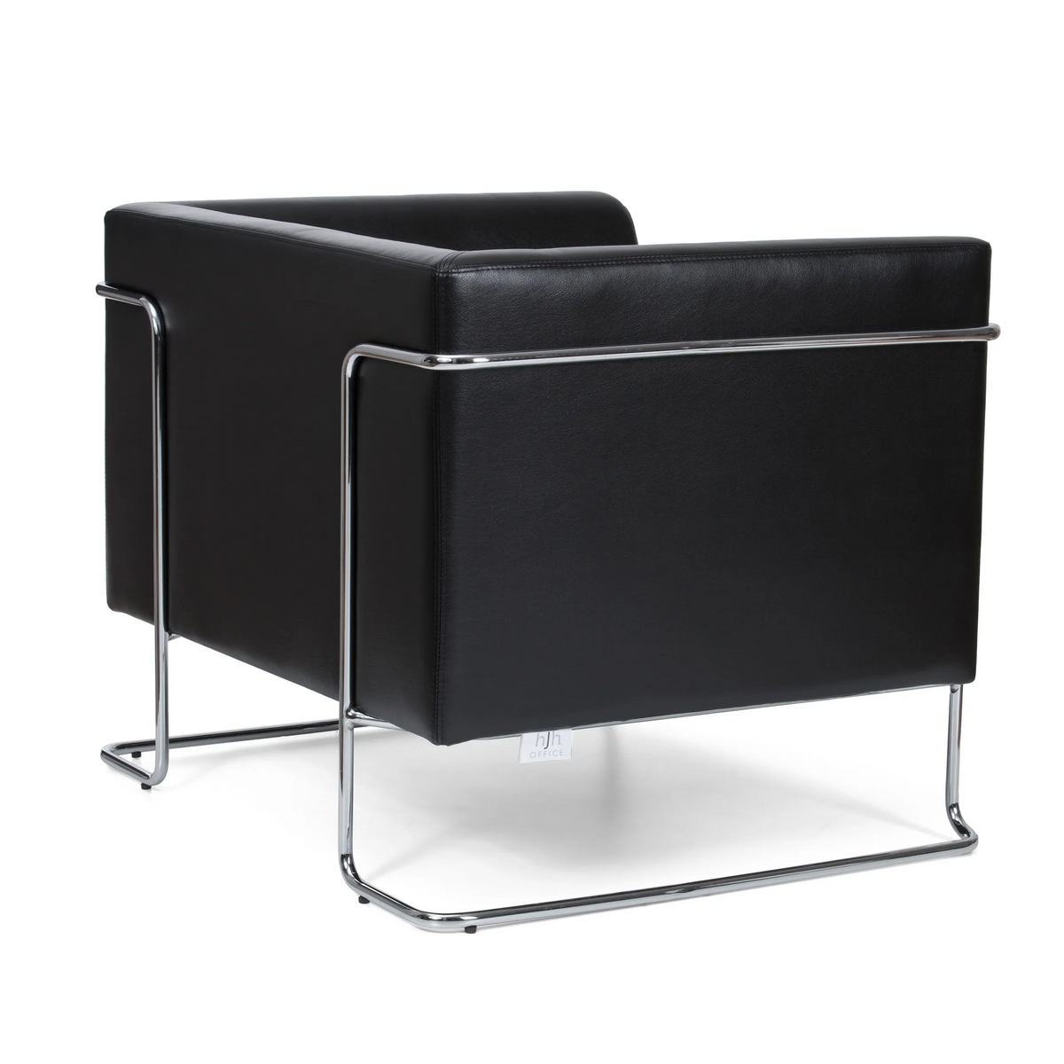 Fauteuil rembourré noir CURACAO avec structure tubulaire chromée de hjh OFFICE – vue à 360° (vue de trois quarts arrière 120°)