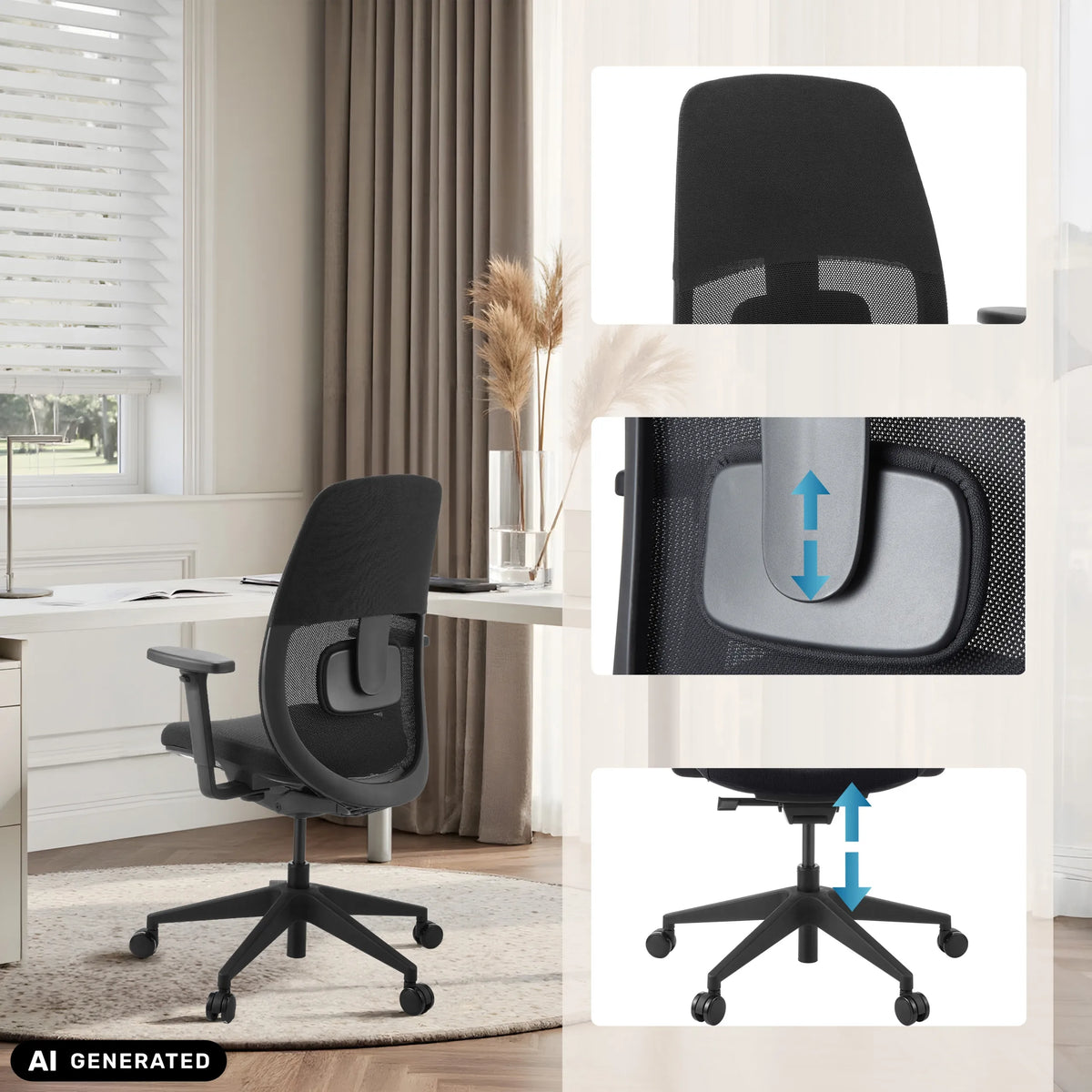 Support lombaire réglable en hauteur et vérin à gaz du siège de bureau de qualité professionnelle Skandis de hjh OFFICE (image générée par IA)