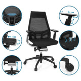 Siège de bureau de qualité professionnelle GENIDIA SMART BLACK CM en noir avec dossier en maille et divers réglages de hjh OFFICE