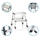 Zweistufige Klappleiter SOLID VI aus Aluminium mit Rollen und Sicherheitsverriegelung von hjh OFFICE