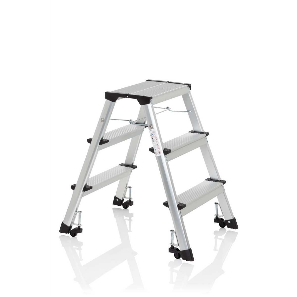 Échelle pliante SOLID IV argentée en aluminium avec trois marches de hjh OFFICE – vue à 360° (vue de trois quarts avant 60°)