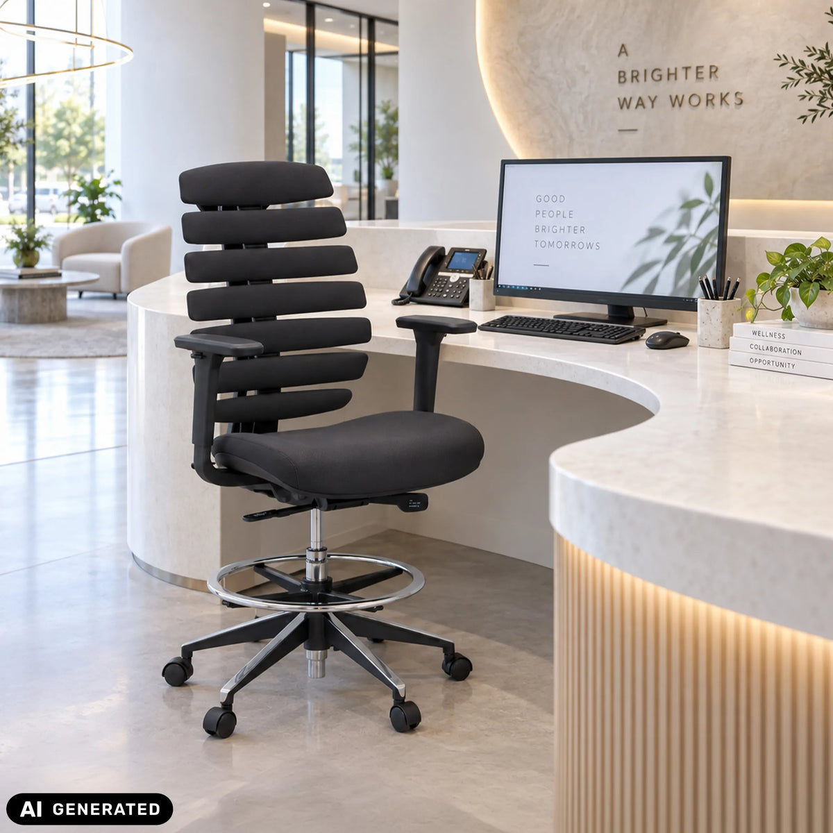 Chaise de comptoir ERGO LINE II WORK noire avec revêtement en tissu, repose-pieds et cinq roulettes de hjh OFFICE