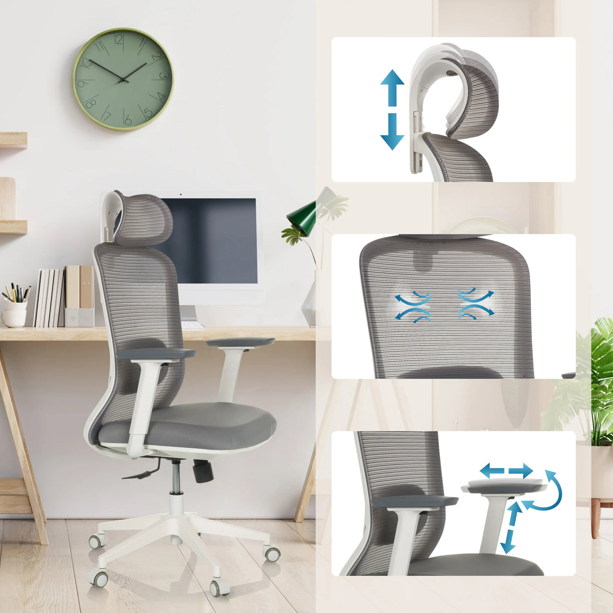 Siège de bureau de qualité professionnelle MIKEO G en gris avec appui-tête réglable, accoudoirs et dossier en maille de hjh OFFICE