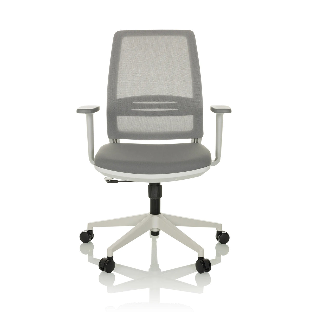 Siège de bureau à domicile PROFONDO ECO W gris avec dossier en maille et piètement à cinq roulettes de hjh OFFICE – vue à 360° (vue de face 0°)