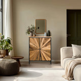 Commode SANTJAGO BLACK SUN XL aux tons de bois foncé avec un motif rayonnant sur les façades de hjh LIVING