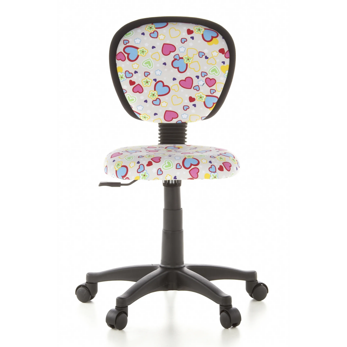 Chaise pivotante pour des enfants KIDDY TOP avec motif coloré de cœurs et de fleurs et base à cinq roulettes de hjh OFFICE – vue à 360° (vue de face 0°)