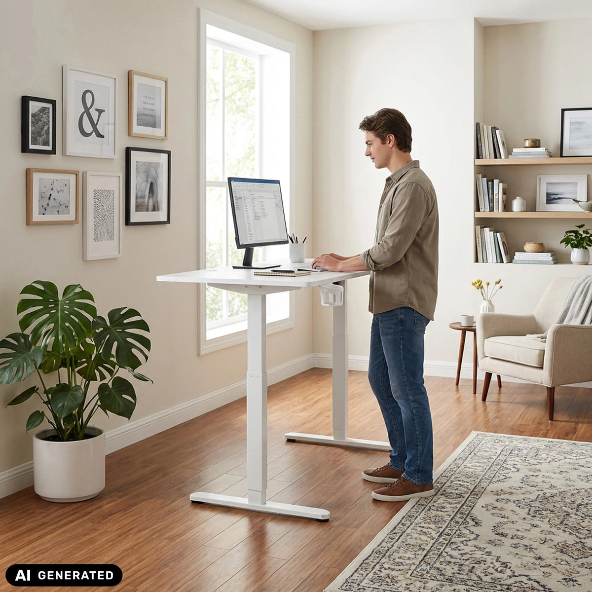 Bureau réglable en hauteur électriquement Worktime en blanc de hjh OFFICE (image générée par IA)