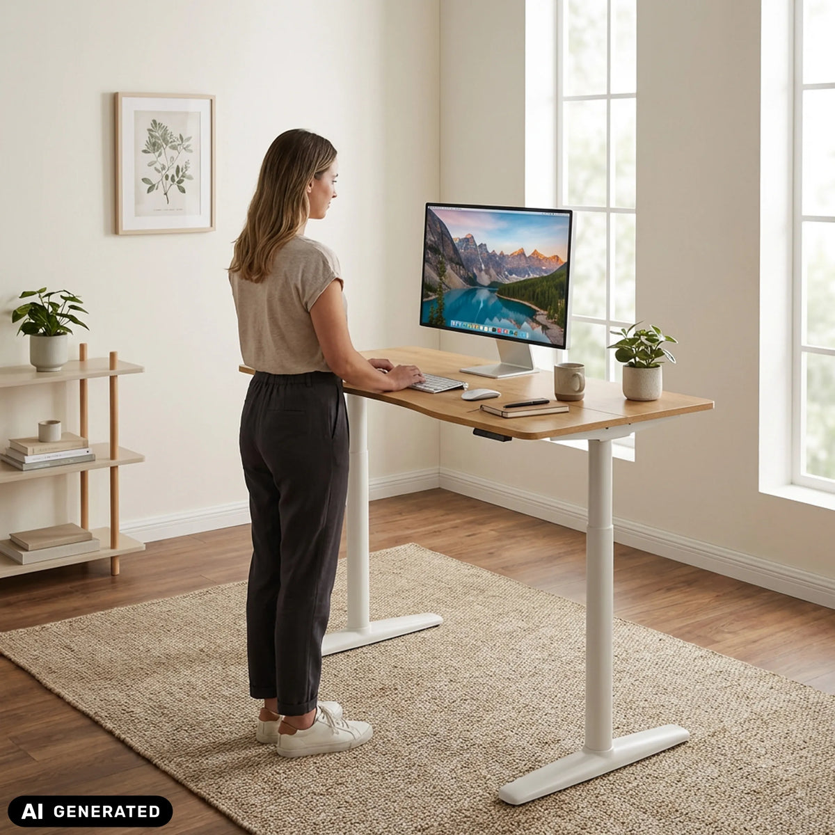 Bureau réglable en hauteur électriquement STAND PRO R aspect chêne avec structure blanche de hjh OFFICE (image générée par IA)